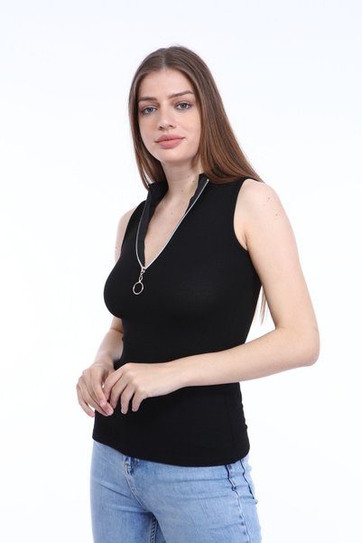 KİM Kİ O بلوزة نسائية سوداء بسحاب أمامي بدون أكمام