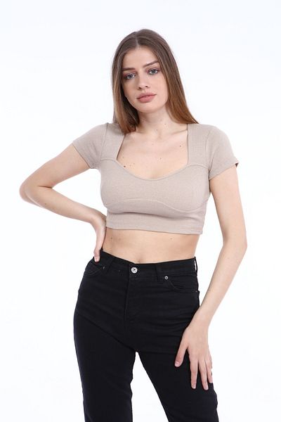 KİM Kİ O Women's Stone Color Front Detailed Crop