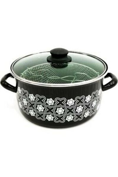 TOGO Black Patterned Enamel Chips Fryer Frying Pot with Glass Lid and Strainer 22cm