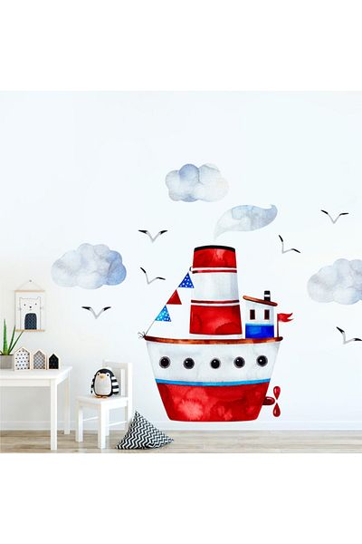 Tilki Dünyası Steamboat Clouds And Seagulls Wall Sticker