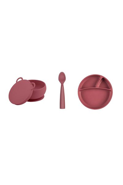 OiOi 3-Piece Nutrition Set Plate Bowl Spoon Claret Red