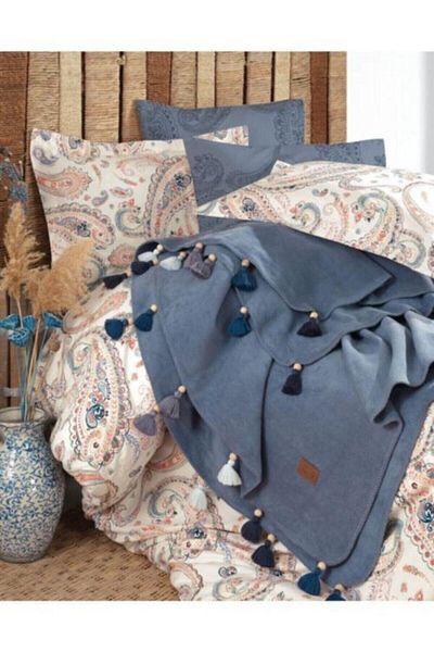 İyi Geceler İstanbul Set cuvertură de pilota cu ciucuri dublu Boho Chic albastru cobalt