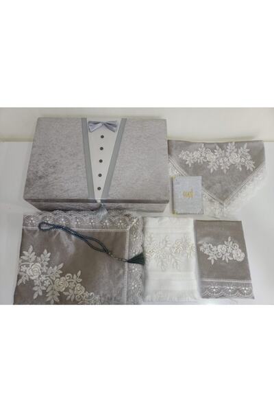 Lamazihome Kadife Gri 7 Parça Damat Fransız Güpür Sandıklı Seccade Takımı Boh...