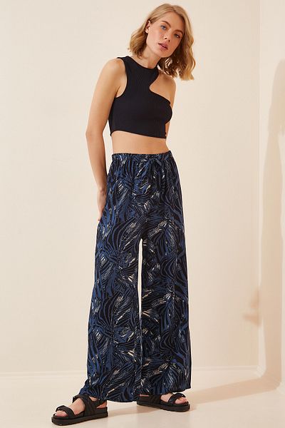 Happiness İstanbul Women's Cobalt Blue High Waist Summer Loose Viscose Pants BH00354