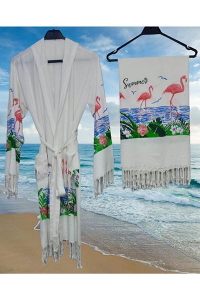 Nevin Acar Σετ μπουρνούζι Peshtemal με κουκούλα Bamboo Flamingo και πετσέτα Peshtemal