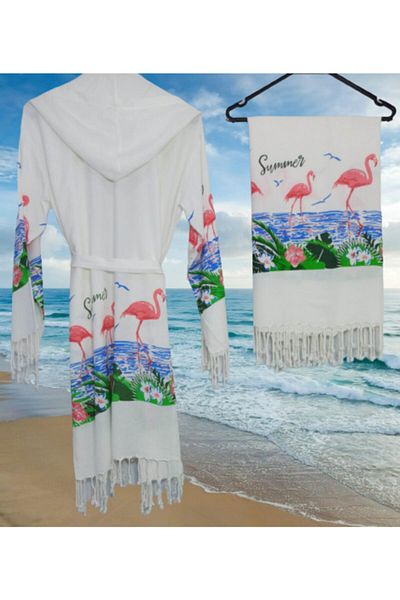 Nevin Acar Σετ μπουρνούζι Peshtemal με κουκούλα Bamboo Flamingo και πετσέτα Peshtemal
