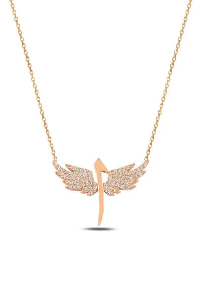 OSMANLI GÜMÜŞ Zirkon Taşlı Rose Renk Kanatlı Elif Model Kadın Gümüş Kolye Gkl...