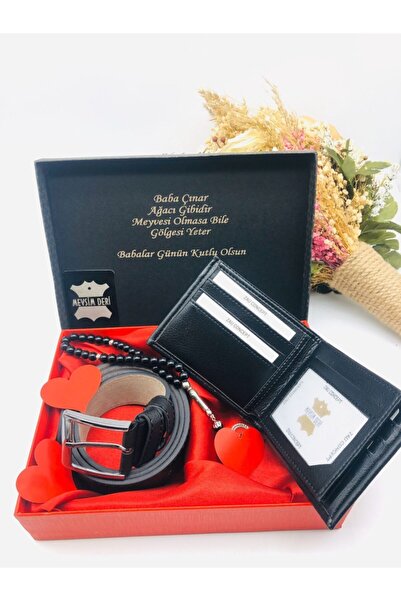 Mevsim Deri محفظة رجالية خاصة لعيد الأب وحزام هدية مسبحة 3 قطع