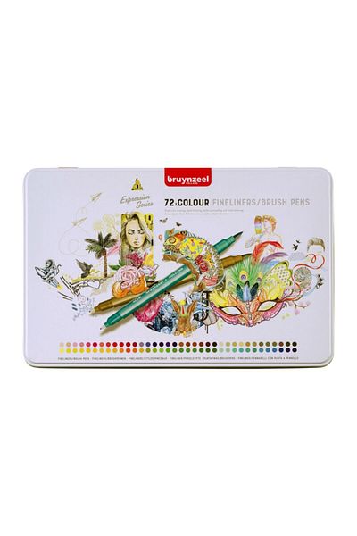 Bruynzeel Double Ended Fineliner + Brush Pen Brush Tip Pen Set 72 Colors Metal Box