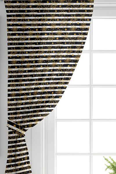 Realhomes Double Wing Black Decorative Striped Gold Patterned Snowflake Digital Printed Background Curtain on White Backdrop