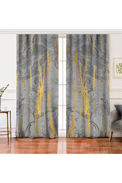 Realhomes Digital Printed Background Curtain with Gold Detailed Drawing Patte...