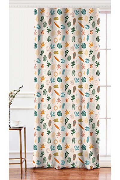 Realhomes Tek Kanat Ekru Zeminli Yaprak Motifler Dijital Baskılı Fon Perde