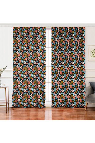 Realhomes Double Wing Colorful Flower Pattern on Black Background Digital Printed Backdrop Curtain
