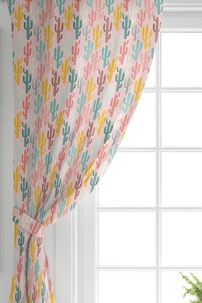 Realhomes Cute Cactus Patterned Digital Printed Background Curtain on Double Wing Colorful Backdrop