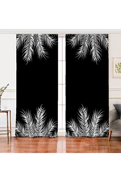 Realhomes Siyah Çift Kanat Zemin Üzerinde Beyaz Yaprak Desenli Dijital Baskıl...