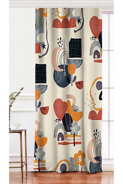 Realhomes Beige Single Wing Artistic Motif Flower Detailed Digital Printed Background Curtain
