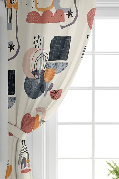 Realhomes Beige Single Wing Artistic Motif Flower Detailed Digital Printed Background Curtain