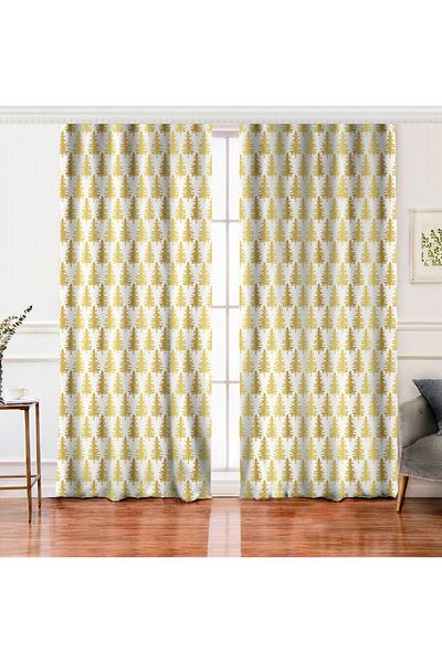 Realhomes Gold Colored Double Wing Digital Printed Background Curtain with Pine Tree Pattern on White Background
