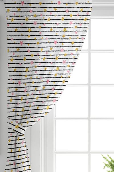 Realhomes Aripă dublă, cu dungi negre, model de stele colorate, fundal imprimat digital, perdea pe fundal alb