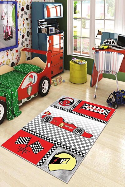 NeluxHome Kaymaz Tabanlı Makinede Yıkanabilir Yarış Arabalı Çocuk Halısı Kd031