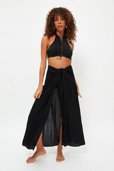 Trendyol Collection Black Maxi Woven Beach Skirt - Tie-Up Tbess20Et0152