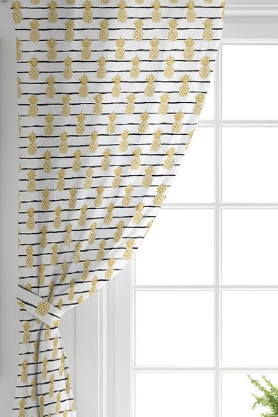 Realhomes Gold Colored Pineapple Patterned Digital Printed Background Curtain on Single Wing White Background