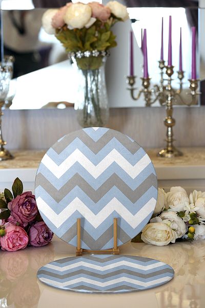 Realhomes 2-Piece Blue Gray Zigzag Patterned Digital Printed Modern Round Plate & Placemat