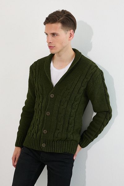 Tarz Cool Men's Khaki Hair Knitted Shawl Collar Cardigan -hrk8080r01