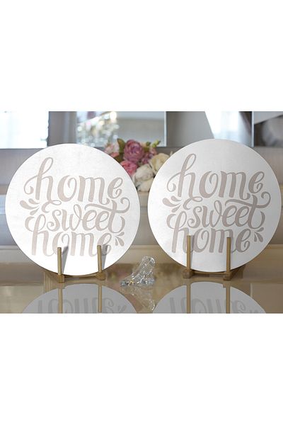 Realhomes Σετ 2 ανοιχτό γκρι Home Sweet Home Μοντέρνα στρογγυλά πιάτα & σουπλά