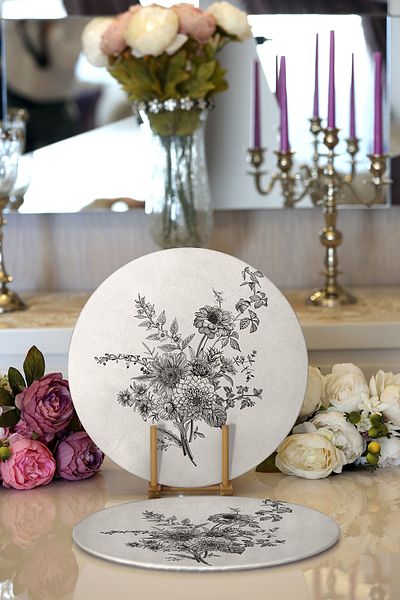 Realhomes Farfurie rotundă modernă din 2 bucăți cu model floral pastel și imprimat digital pe podea