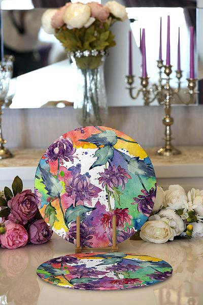 Realhomes Set de 2 paturi de loc rotunde cu desene abstracte colorate cu modele florale pe fundal alb