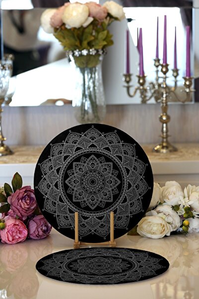 Realhomes 2'li Siyah Zeminde Beyaz Mandala Desenli Modern Yuvarlak Supla & Se...