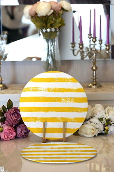 Realhomes طبق دائري حديث مكون من قطعتين بتصميم مخطط باللون الأصفر وقاعدة للخدمة