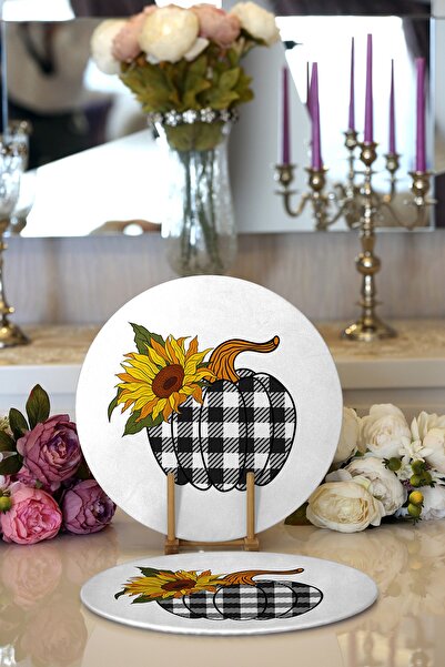 Realhomes طقم مكون من قطعتين من طبق دائري منقوش بنقشة عباد الشمس على أرضية بيضاء وقاعدة تقديم