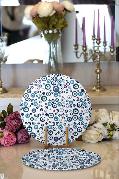 Realhomes 2 bucăți Evil Eye Bead Motive Digital Printed Modern Round Charger & Placemat