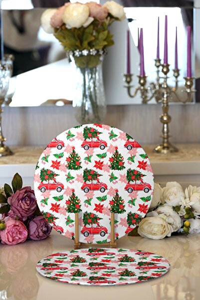 Realhomes 2'li Beyaz Zemin Üzerinde Yılbaşı Desenli Kırmızı Tostos Yuvarlak S...