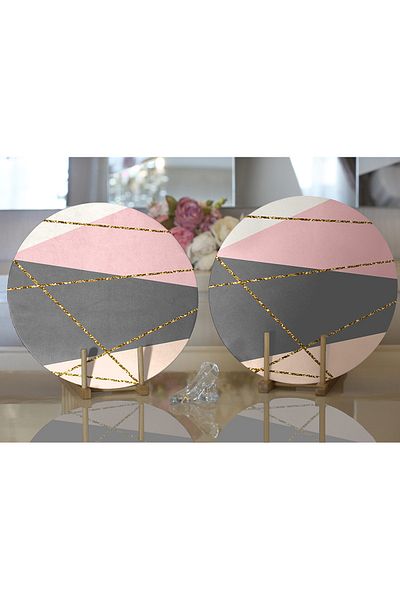 Realhomes Farfurie rotundă modernă, în dungi, 2 bucăți, auriu pastel, pe podea