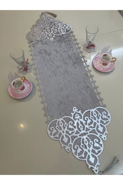 SEHARA Runner/1 Adet/100x31cm/kadife/üzeri Varak Işlemeli/2 Adet Lale,2 Adet Çiçek Motifi Hediye