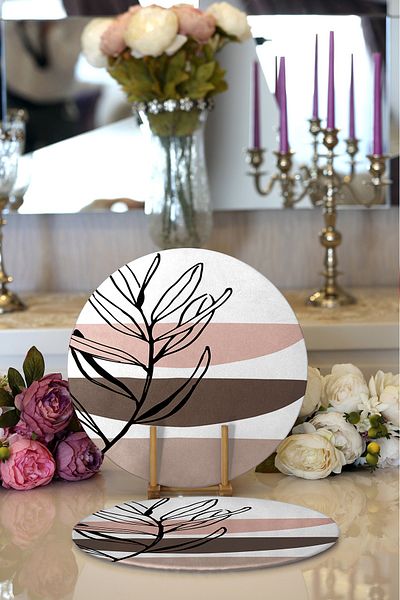 Realhomes Σετ 2 Onedraw Motif Flower Digital Printed Μοντέρνα Στρογγυλή Σουπλά & Σουπλά