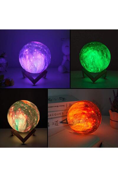 Zemtigo 3d Ahşap Standlı 7 Renk Değiştiren Büyük Boy Galaksi Gezegen Gece Lambası Ay Gezegen Galaxy