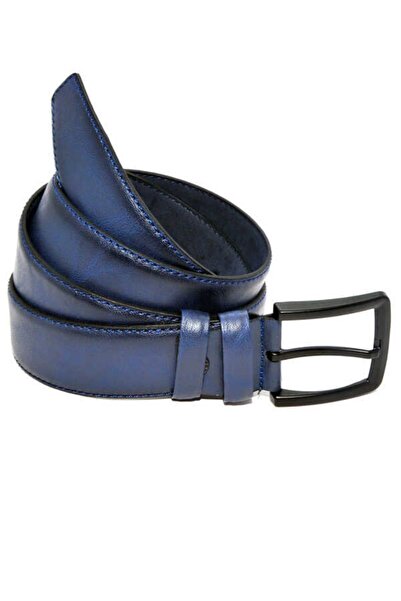 Süzer Deri Синій штучний шкіряний класичний ремінь з швами 4 см - 7400-49-21m