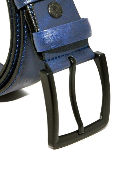 Süzer Deri Синій штучний шкіряний класичний ремінь з швами 4 см - 7400-49-21m
