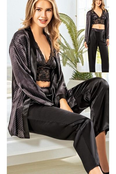 Nilay Set de pijamale din satin negru pentru femei 3019 3 piese