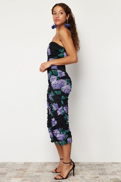 Trendyol Collection Stylish Purple-Multicolor Draped Knitted Evening Dress - Tulle Detailed, Fitted TPRSS24EL00058