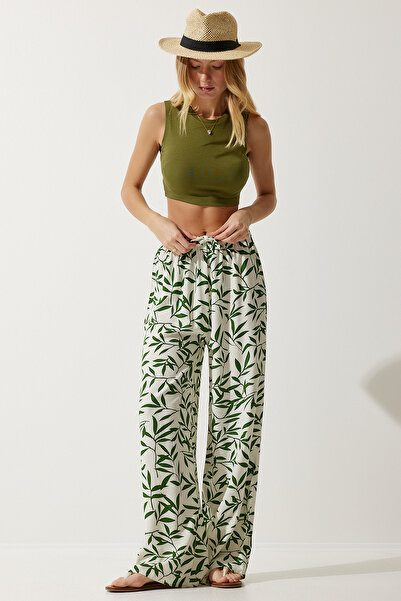 Happiness İstanbul Dámské Ecru zelené vzorované splývavé viskózové kalhoty Palazzo EN00606