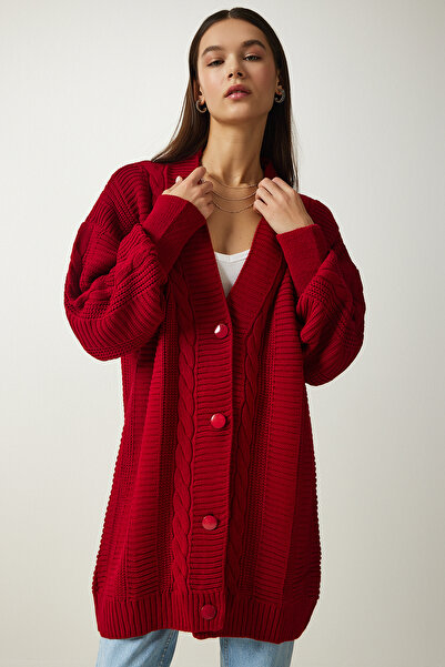 Happiness İstanbul Női piros léggömb ujjú túlméretezett kötöttáru kardigán DD01033