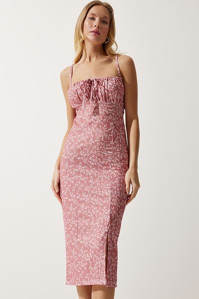 Happiness İstanbul Weißes Damen-Sommer-Strickkleid mit Blumenmuster und Schlitz und getrockneten Rosen CI00029