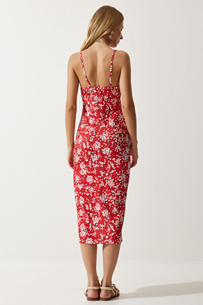 Happiness İstanbul Damska letnia sukienka z dzianiny w jaskrawo-biało-czerwonym kolorze z kwiatowym rozcięciem CI00029