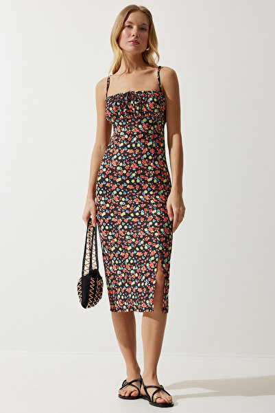 Happiness İstanbul Dámské černé oranžové květinové letní pletené šaty s rozparkem CI00029