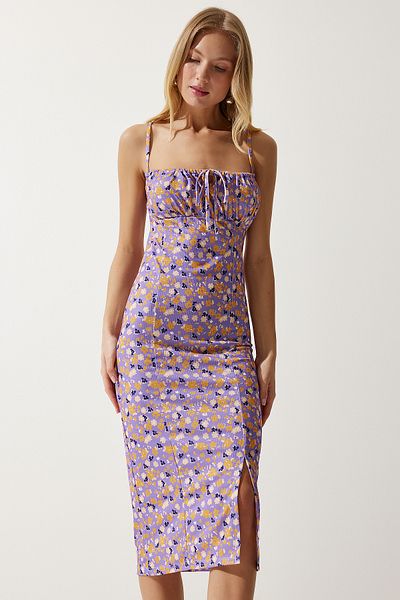 Happiness İstanbul Lila-orangefarbenes Sommer-Strickkleid mit Blumenmuster und Schlitz für Damen CI00029